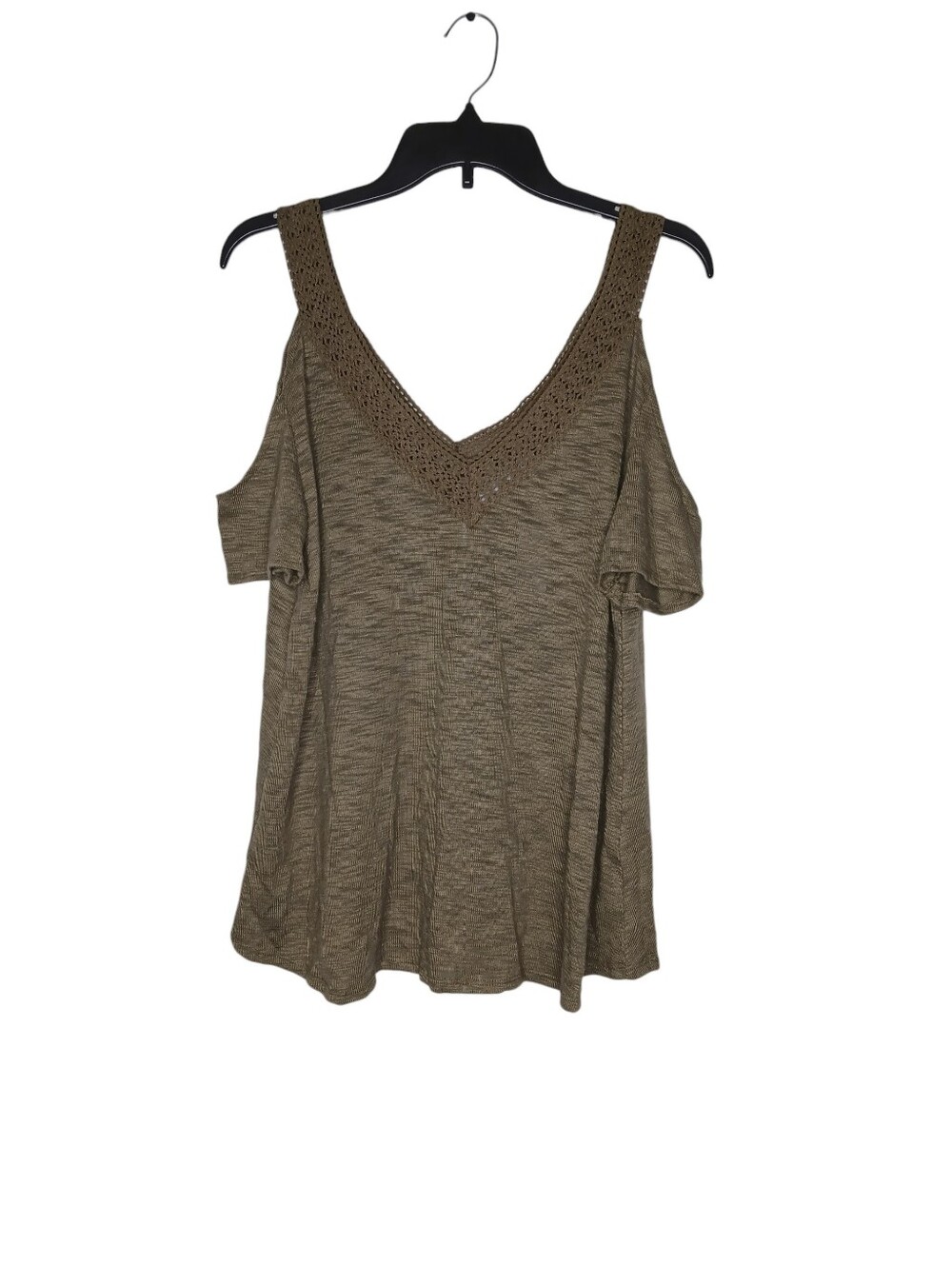 New York & Company Olive Cold-Shoulder V-Neck Tank with Crochet Trim